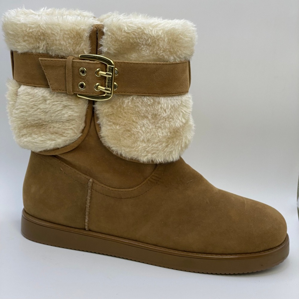 Guess Cozy Tan Faux Fur Buckle Detail Winter Boots Mid Calf Y2K Booties - 8